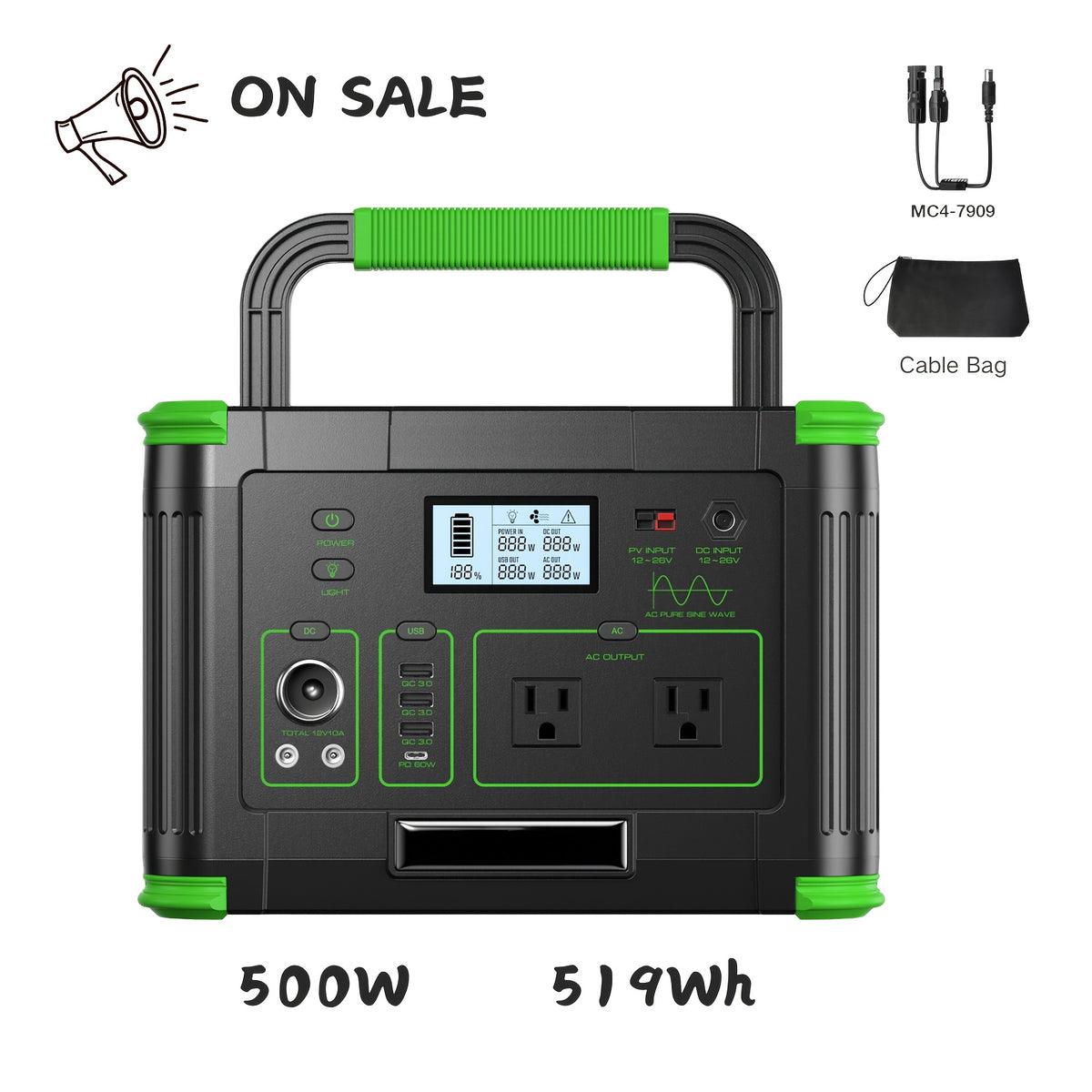 500W Solar Portable Power Station, 519Wh Portable Power Station (Peak 1000W) for Iphone Duo, Generator with Dual DC Output, PD 60W USB-C Fast Charging, ABS Material Battery Power Station Supply for Home Emergencies, Outdoor Camping, Road Trips