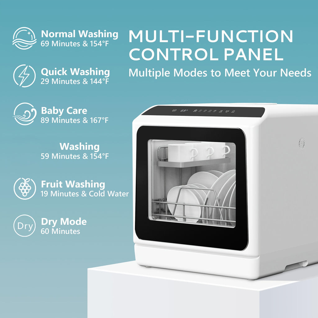 ICYGLEE Portable Mini Dishwasher, Compact Countertop Dishwasher, Equipped with a 5-Liter Built-In Water Tank, Ideal for Apartments And Motorhomes, Offers 6 Modes And Baby Care, No Plumbing Installation Required