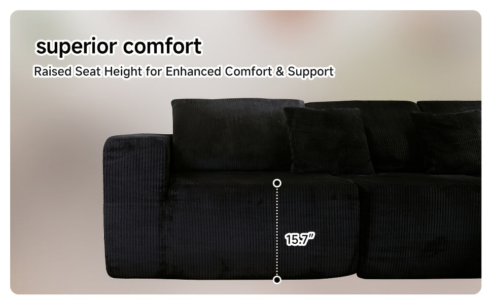 108-inch Modular Sectional Sofa, L-Shaped Cloud Couch with Chaise, Black Plush Fabric, Deep Seat Upholstered Couches for Living Room, Boneless Sofa