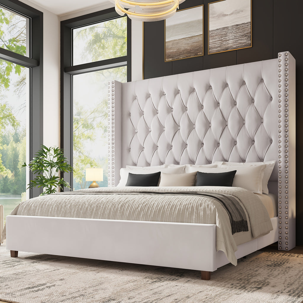 LUXOAK 60 Inch Tall Velvet Bed Frame With Tufted Wingback Headboard, Solid Wood Legs And Slat Support, No Box Spring Needed