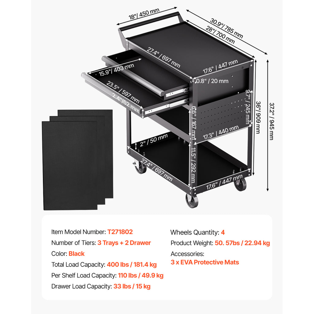 VEVOR 5-Tier Tool Cart on Wheels 400 lb Rolling Work Cart with Drawer & Pegboard