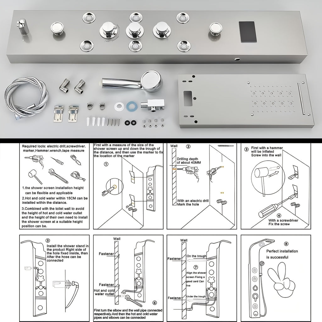 6-Function Modern Shower Panel Tower System with Rainfall Waterfall Shower Head, Handheld Shower & Massage Jets - Brushed Nickel Wall-Mounted Bathtub Faucet Suitable for Bath/Shower, Full Body System with Clarity Basin and Spout