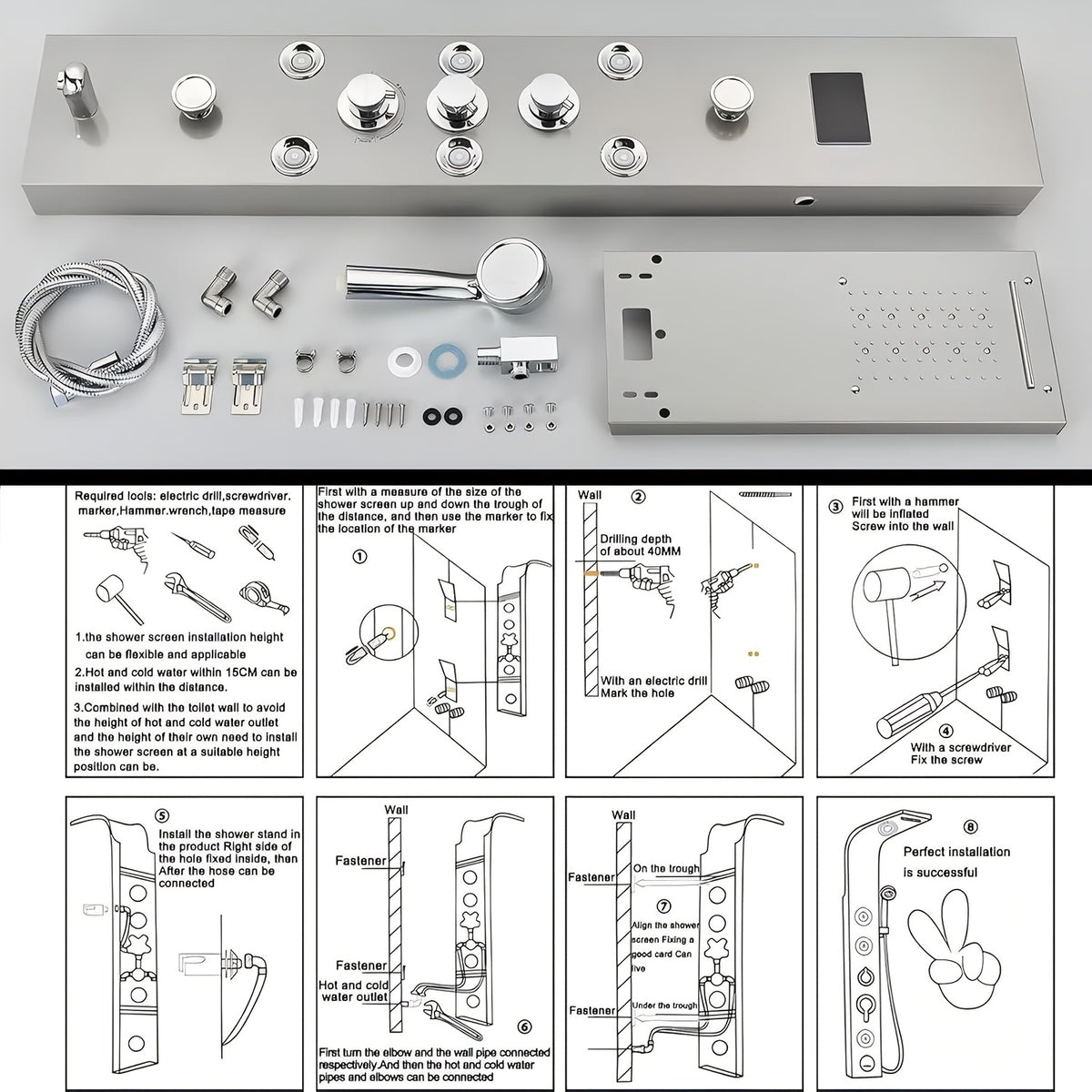 6-Function Modern Shower Panel Tower System with Rainfall Waterfall Shower Head, Handheld Shower & Massage Jets - Brushed Nickel Wall-Mounted Bathtub Faucet Suitable for Bath/Shower, Full Body System with Clarity Basin and Spout