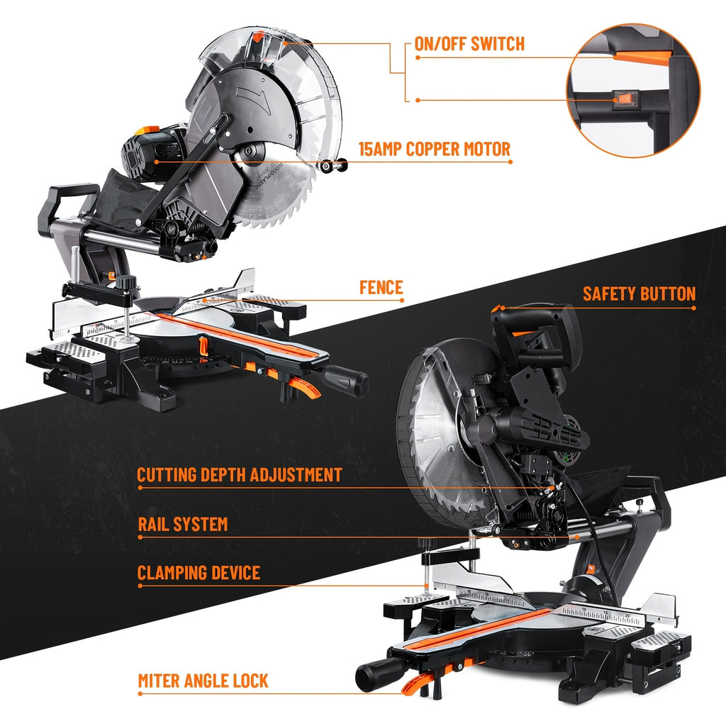 12" Blade 15Amp Sliding Compound Miter Saw with Aluminum Alloy Guard, 3800 RPM, Double-Bevel 45° And Dual Miter 45°, Max 13.2" X 4.1" Cutting Capacity, Dado Slot, 9 Positive Stops, Ideal for Woodworking Projects
