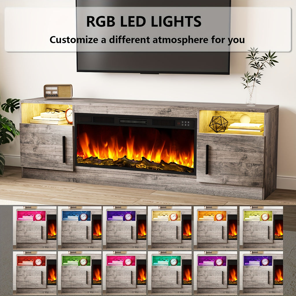 Fireplace TV Stand Entertainment Center with 36" Fireplace, Media TV Console with High Gloss Storage Cabinet And 16 Colors LED Lights, 70" Wooden TV Stand for TVs Up to 80"