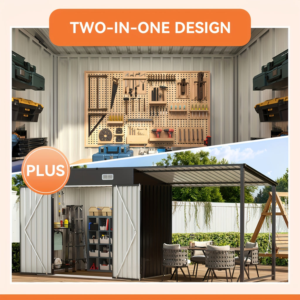 [2-in-1 Outdoor Combo] 6x4/5x3ft Outdoor Storage Shed & Hardtop Gazebo Combo, 2-in-1 Outdoor Combo, Metal Lean to Shed with Open-Sided Pergola, Durable Garden Tool Shed for Patio, Backyard, Deck
