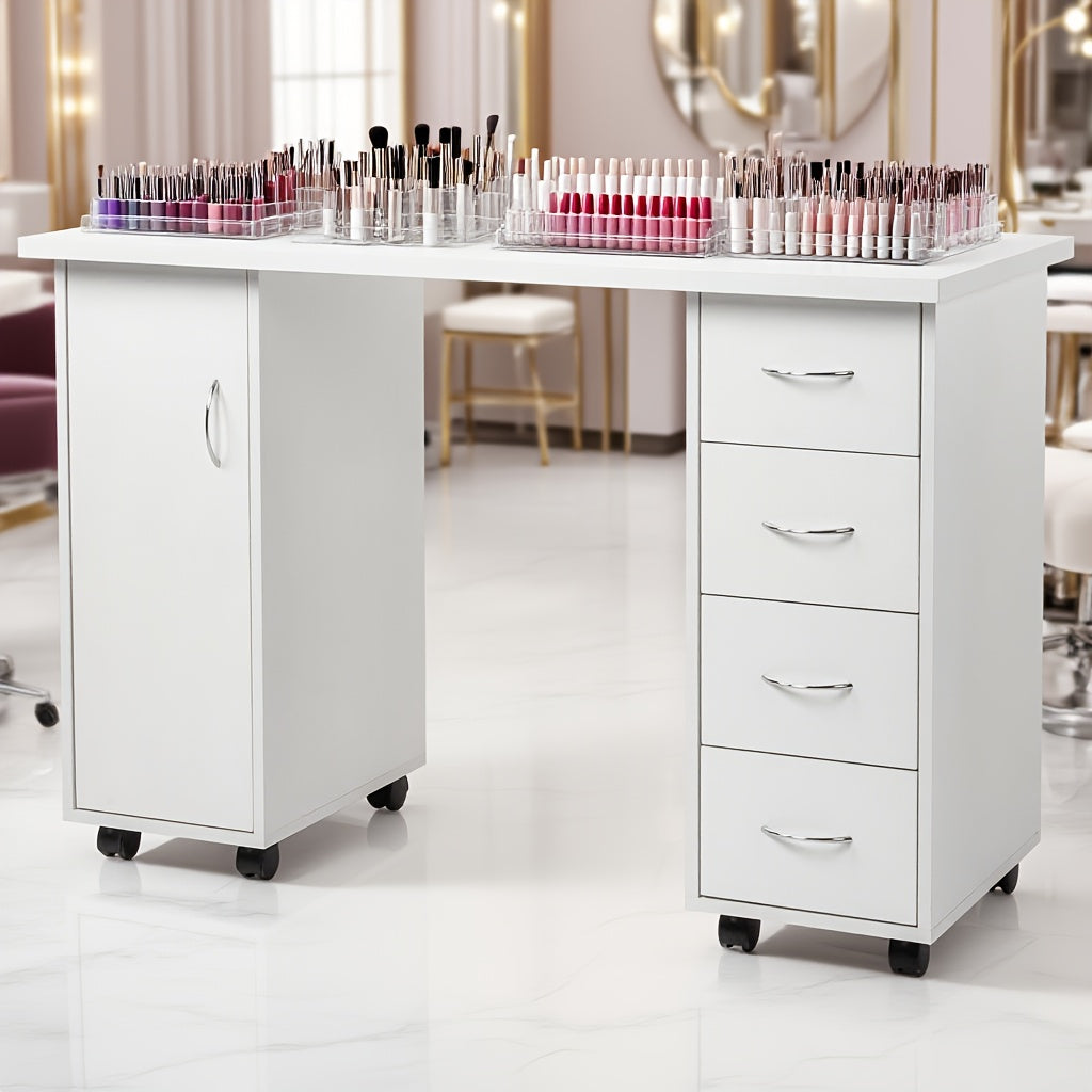 White/Black Melamine Laminate Textured Particle Board Nail Table, 47.2" X 21.3" X 31.9" 1-Door 4-Drawer Design, Ventilation-Free Manicure Station