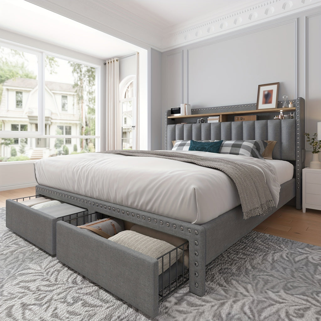 King Size Upholstered Bed Frame with Storage, 2-Tier Headboard And 2 Drawers, Sturdy Wood Slats, No Box Spring Needed, Noise-Free, Modern Grey/Beige, Easy Assembly, Space Saving
