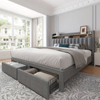 King Size Upholstered Bed Frame with Storage, 2-Tier Headboard And 2 Drawers, Sturdy Wood Slats, No Box Spring Needed, Noise-Free, Modern Grey/Beige, Easy Assembly, Space Saving