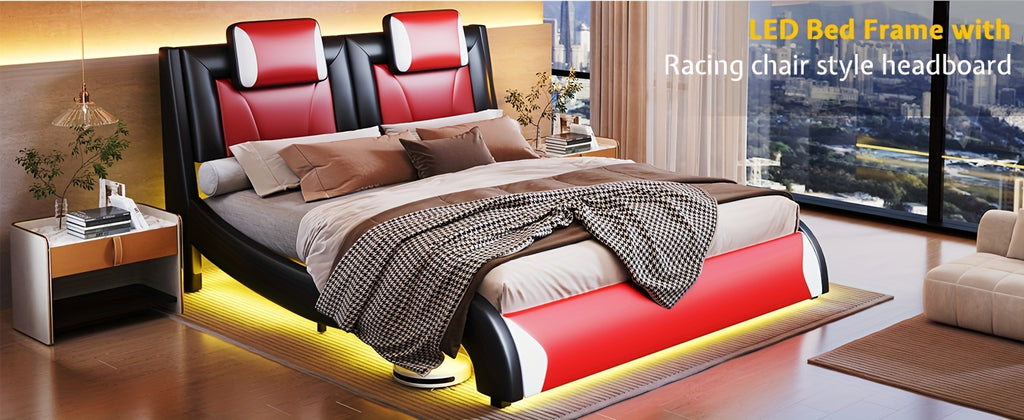 Modern Elegance Meets Functionality: Papajet Full Floating Bed Frame with Built-In LED Lights, Faux Leather Upholstery, And Wave-Shaped Curves, No Box Spring Required