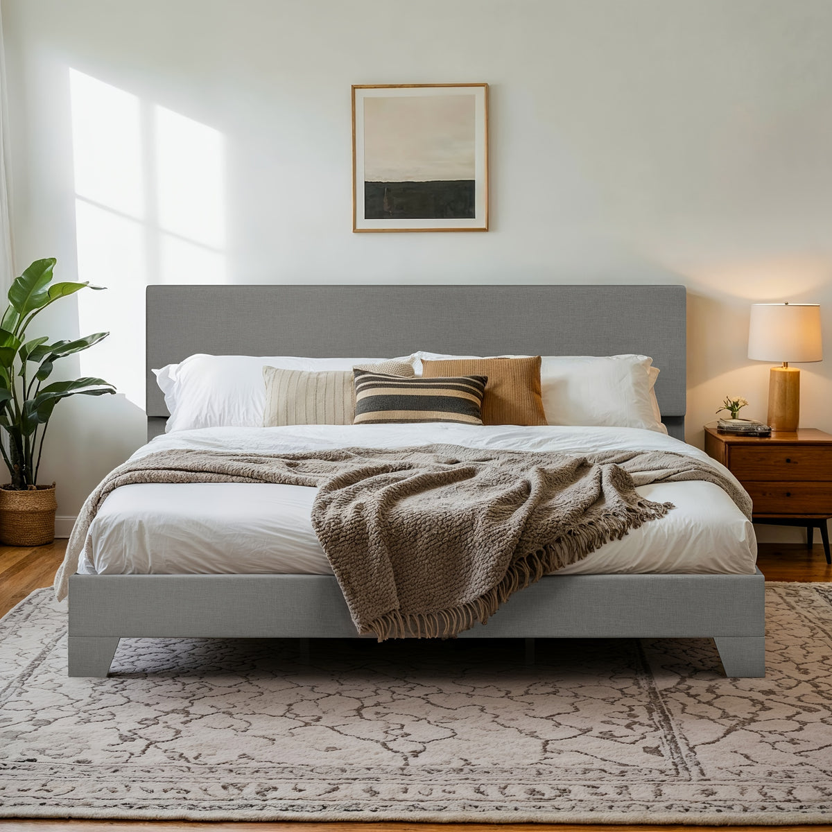 HOOMIC Upholstered Platform Bed in Full, Queen, Or King Sizes with an Adjustable Headboard, Sturdy Wooden Frame, Easy Assembly, No Box Spring Required, Available in 5 Colors: Beige, Dark Grey, Light Grey, Black, White