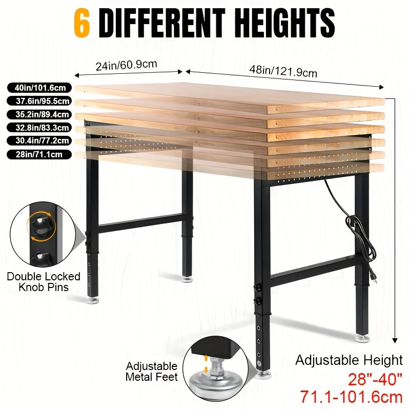 MUWOOD 48" 60" 96" Adjustable Workbench with Power Outlet, Heavy Duty Garage Table, 2000/5000 LBS Load, Pegboard & Thick Rubber Wood Top, Height Adjustable 28"-40" for Workshop, Home, Office