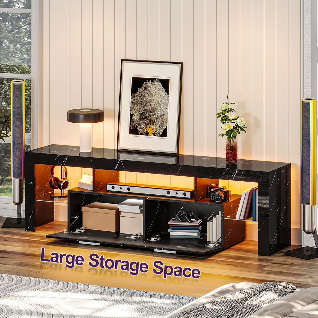 66 Inch White Black Marble TV Stand For 75 Inch TV, LED Gaming Entertainment Center, Glossy TV Console Table With Storage Drawers And Glass Shelves Xbox PS5 Game Console Cabinet For Living Room