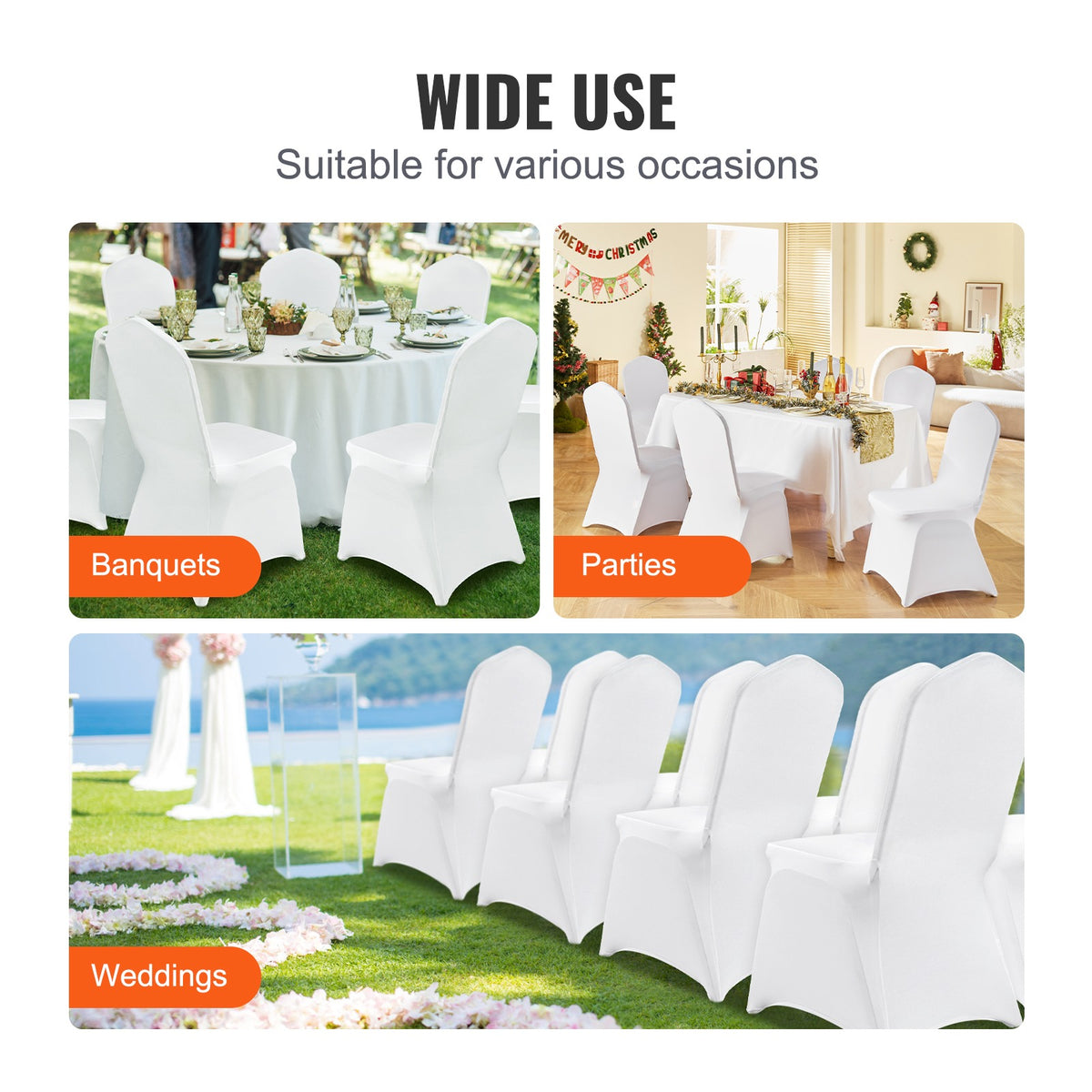 VEVOR White Chair Covers Polyester Spandex Chair Cover for Party Wedding Banque Chair Covers,100 Pcs, Arched-Front Chair Cover