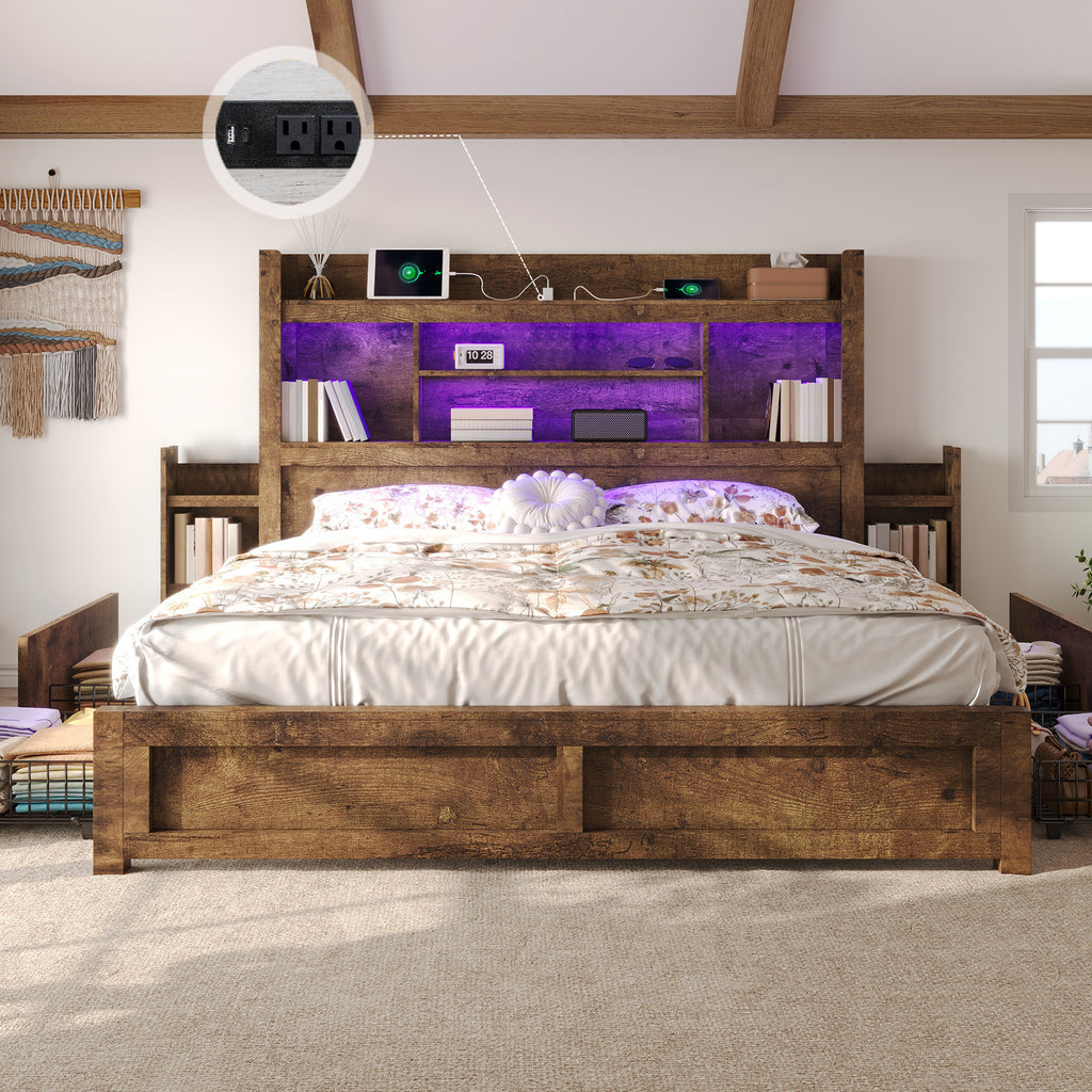 PAPABABE Bed Frame With 49.6 Inch Bookcase Headboard, 4 Drawers And 2 Detachable Storage Racks - Farmhouse Wood Bed Frame With RGB LED Lights And Charging Station, No Box Spring Needed