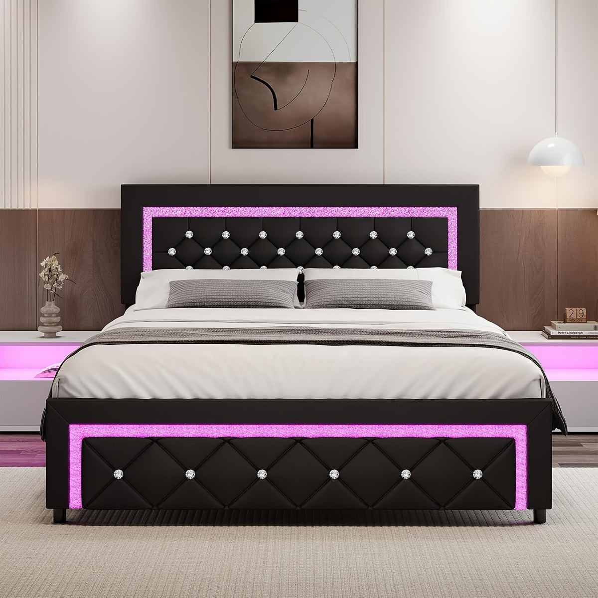 Twin Full Queen Bed Frame with LED Lights, Upholstered Platform Bed with Diamond Tufted Headboard, No Box Spring Needed, Noise Free, Easy Assembly, Black/Pink/White