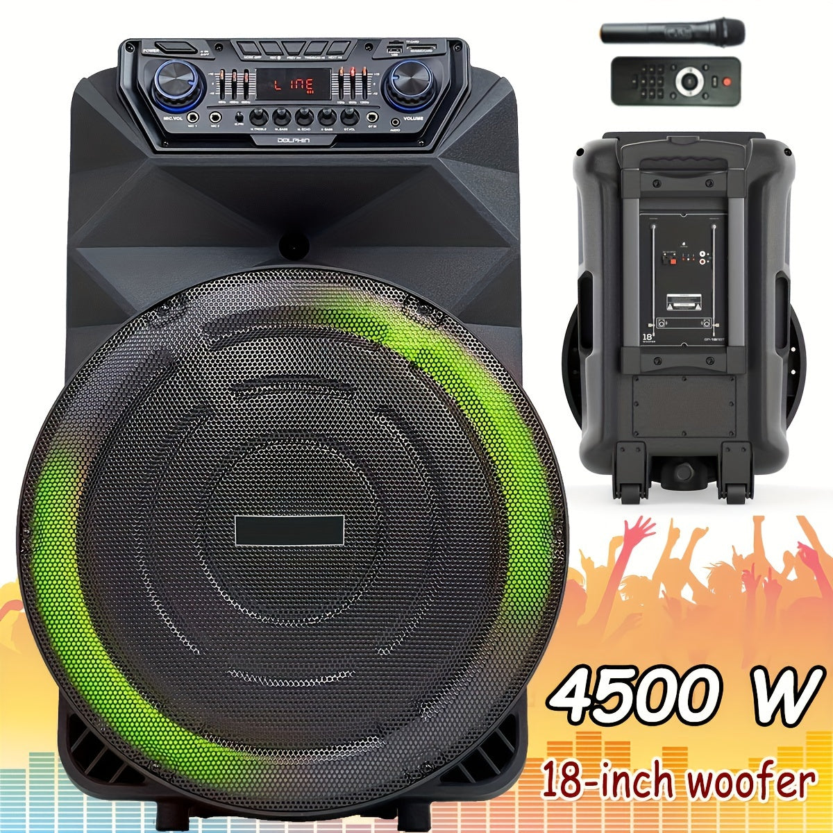 18 Inch Party Rechargeable Wireless Speaker With Deep Bass, 4500W Peak Power DJ Sound System With Wireless Microphones, USB/SD, AUX & Guitar Inputs