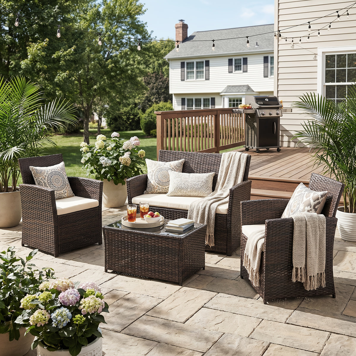 Outdoor Sectional Sofa Set with Tempered Glass Table — 4-Piece PE Wicker Patio Conversation Set