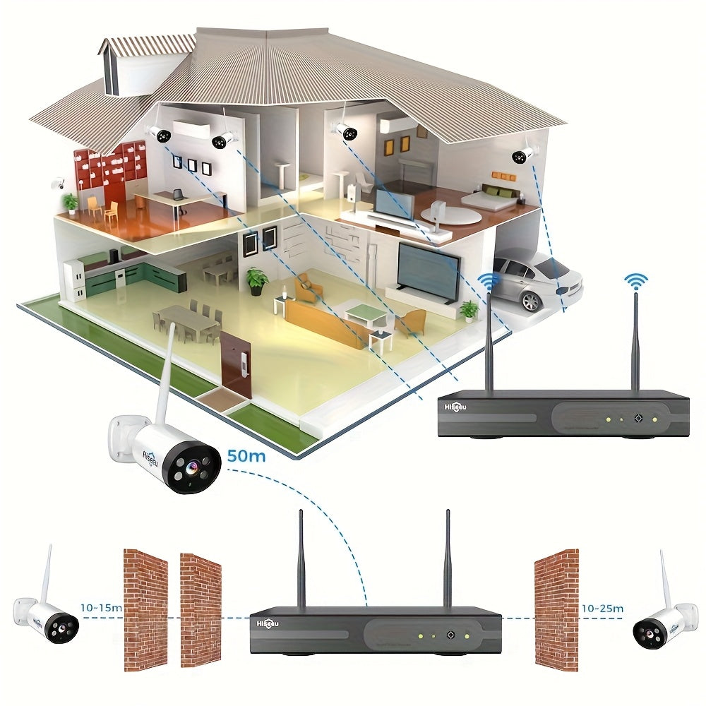 Hiseeu Wireless CCTV System, 4CH 3MP with 4 HD Cameras, 10CH NVR 2.4G 5G Dual Band, Two Way Audio Color Night Vision, Light And Siren Alarm, Ideal for Home Use