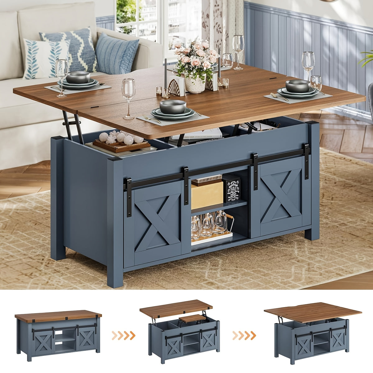 Farmhouse Lift Top Coffee Table with Hidden Compartments And Open Shelves, Center Table with Sliding Barn Door for Living Room Home Office, Light Oak Gray