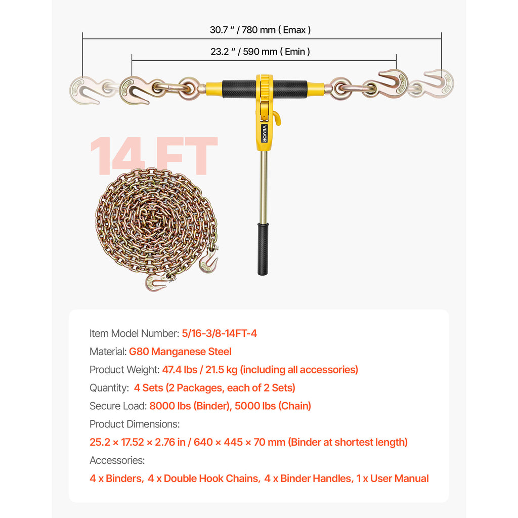 Ratchet Chain Binder Set for Hauling and Towing, VEVOR 8000 lb Working Load in a Four-Set Pack