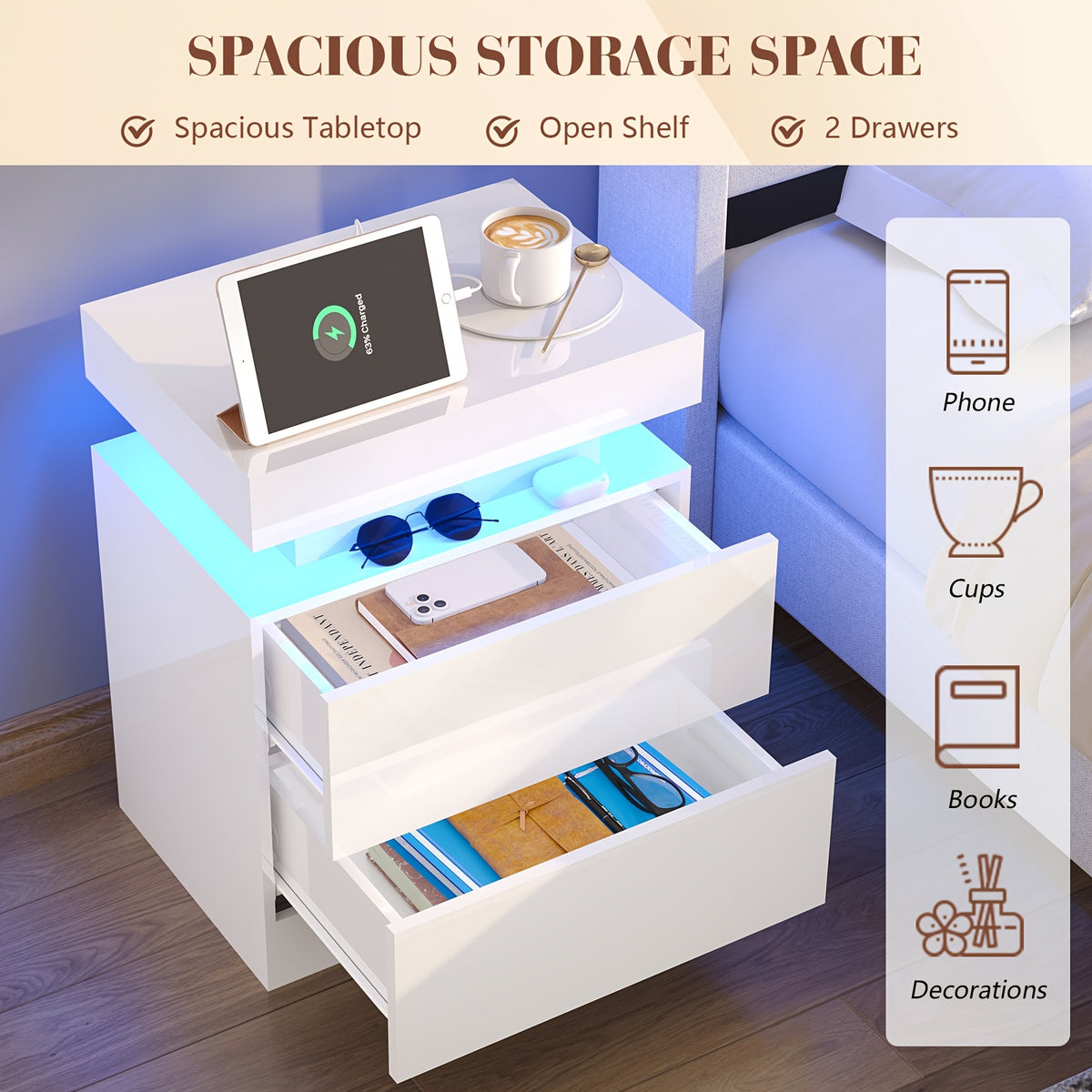 High Gloss LED Nightstand Set of 2 with Charging Station, Modern Bedside Table Night Stand with LED Lights