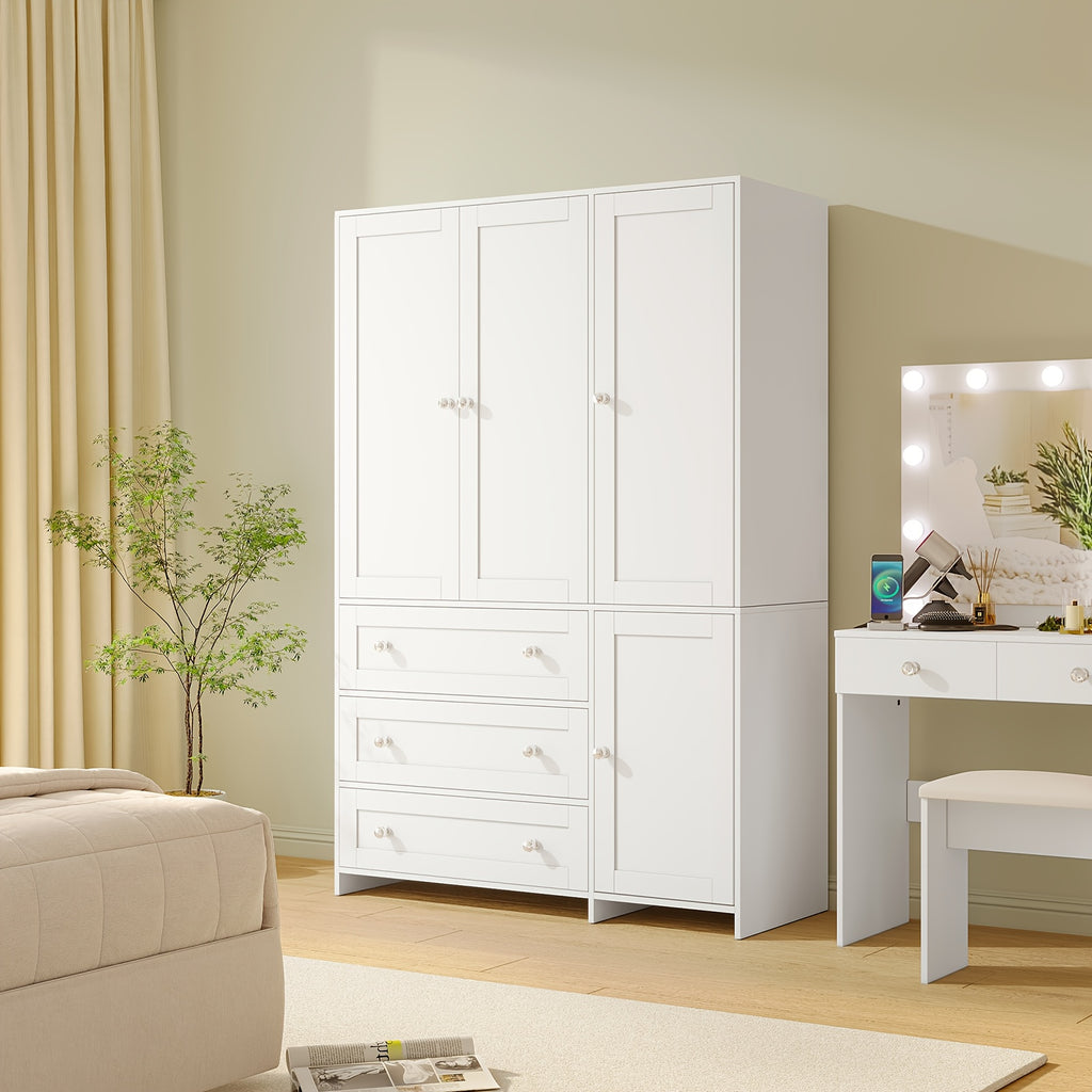 31.5" /47.3"/63" Wardrobe Armoire Closet with Mirror & Hanging Rod, Large Drawers & 2/3/4 Doors