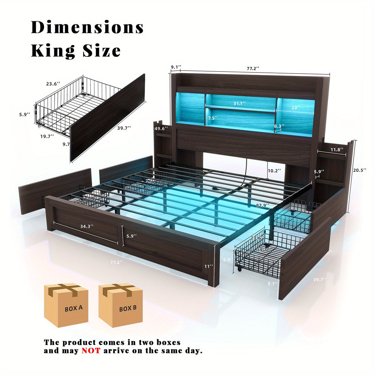 PAPABABE Bed Frame With 49.6 Inch Bookcase Headboard, 4 Drawers And 2 Detachable Storage Racks - Farmhouse Wood Bed Frame With RGB LED Lights And Charging Station, No Box Spring Needed