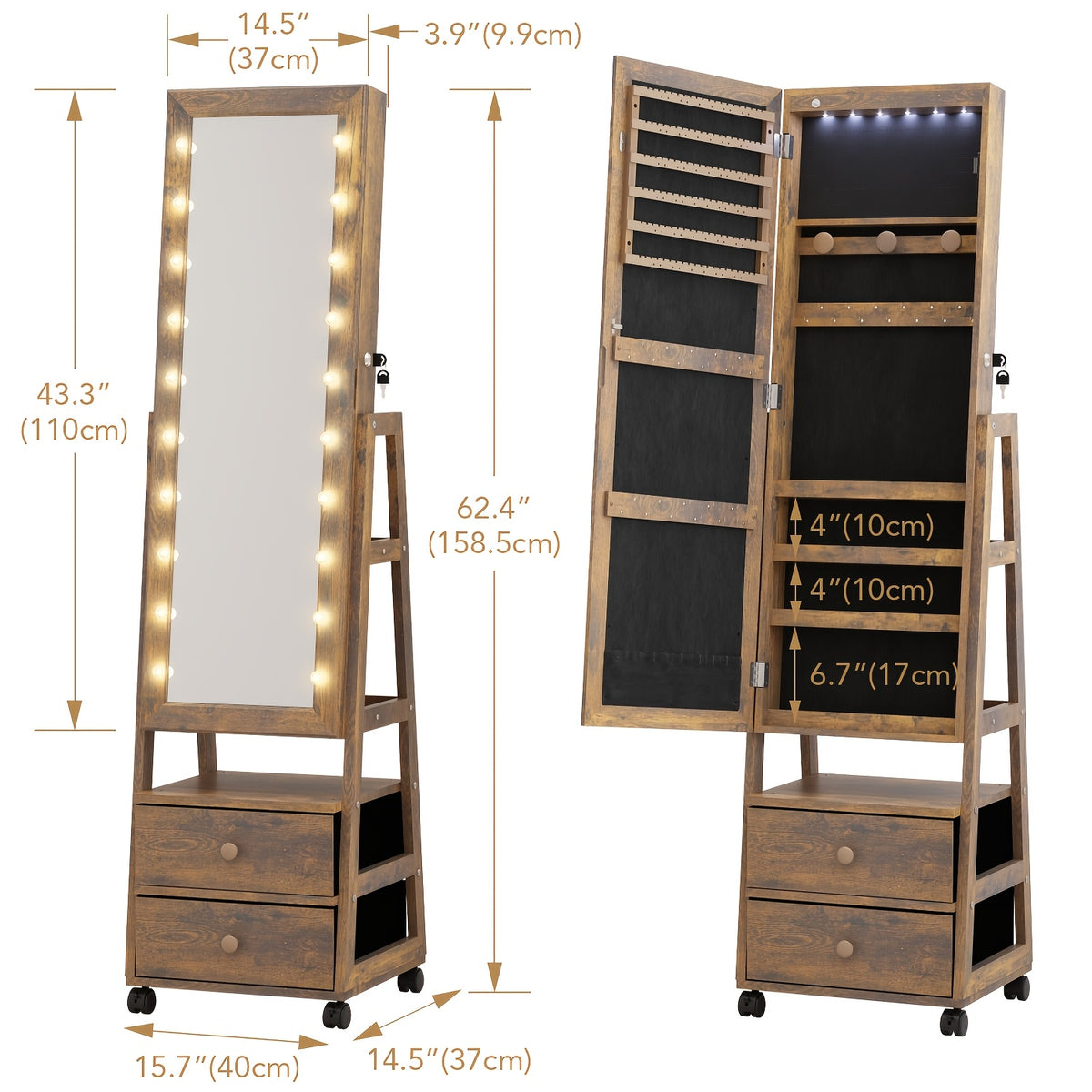Jewelry Armoire Cabinet Organizer Standing with 20 LED Lights Lockable Full Length Mirror with Storage Shelves And 2 Drawers (White) Adjustable Tilt Angles Gift for Her, Jewelry Armoires