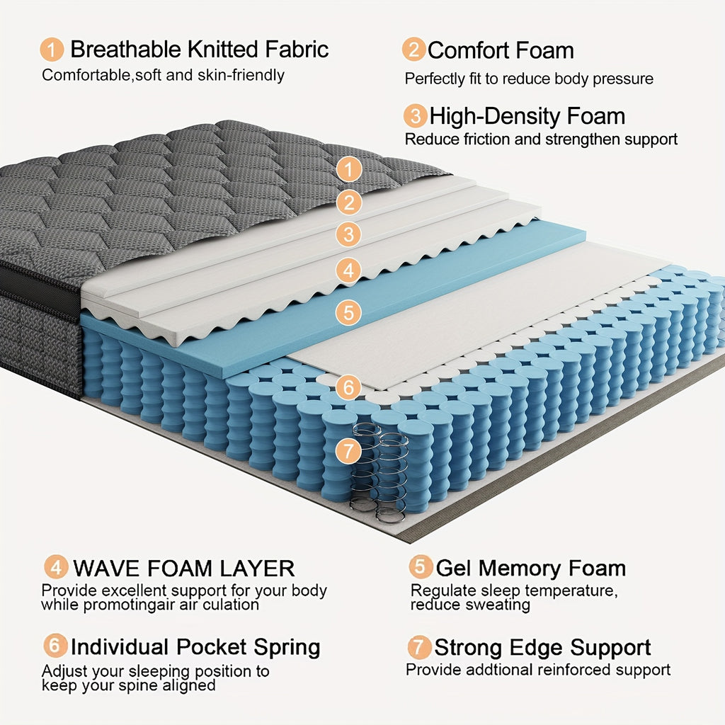 ENSHUI 12 Inch Hybrid Mattress - Twin/Full/Queen/King Size, Cooling & Pressure-Relieving Gel Memory Foam, Hypoallergenic, Medium Top, No Power Needed, White & Blue Mattress in Box, Bedroom Furniture, Sleek Bedroom Decor, Pocketed Coil Construction