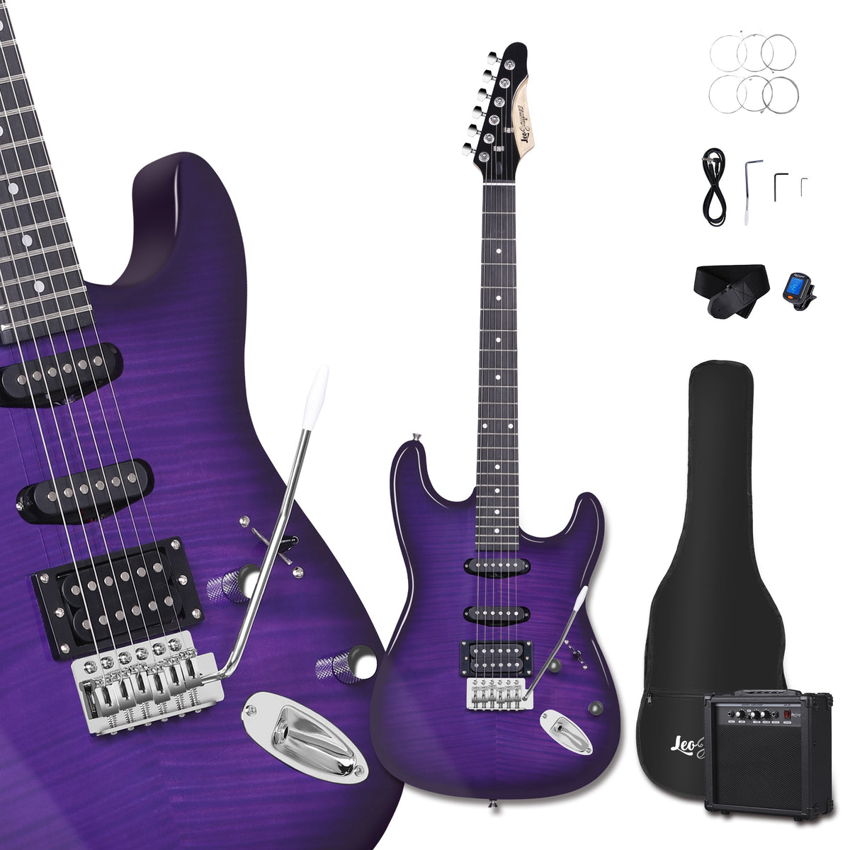 [Beginner Kit] Leo Jaymz 39 Inch Full Size Electric Guitar Kit Electric Guitar Beginner Kits - 20W Amplifier, Digital Tuner, Carrying Bag, Shoulder Strap, Connecting Cable