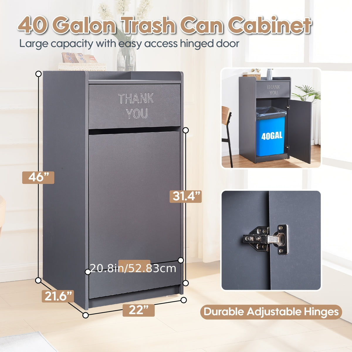 Large 40-Gallon Wooden Waste Bin with a Tray Top, Featuring a Spacious Design, Easy-To-Clean Surface, And Compact Storage, Perfect for Offices, Restaurants, And Kitchen Cabinets