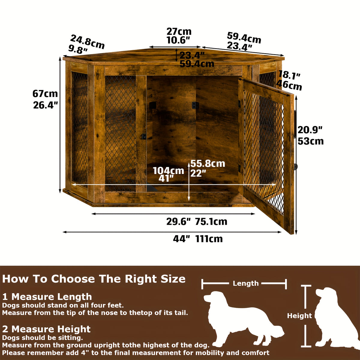 Furniture Corner Dog Crate, 52" Wooden Dog Kennel Furniture End Table with Mesh, Indoor Pet Crate Side Table for Small Medium Dogs Puppy, Perfect for Limited Room