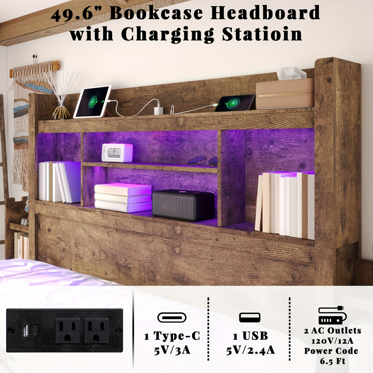Farmhouse Wooden Bed Frame with 4 Storage Drawers, LED Bed Frame with 49" Tall Bookcase Headboard, Wood Platform Bed with Charging Station And 2 Slide Bedside Shelves
