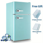 3.8 Cu.Ft Small Refrigerator With Freezer Retro Mini Fridge Two Doors For Home Dorm College Office Freestanding Blue Refrigerator With LED Lights And Glass Shelves