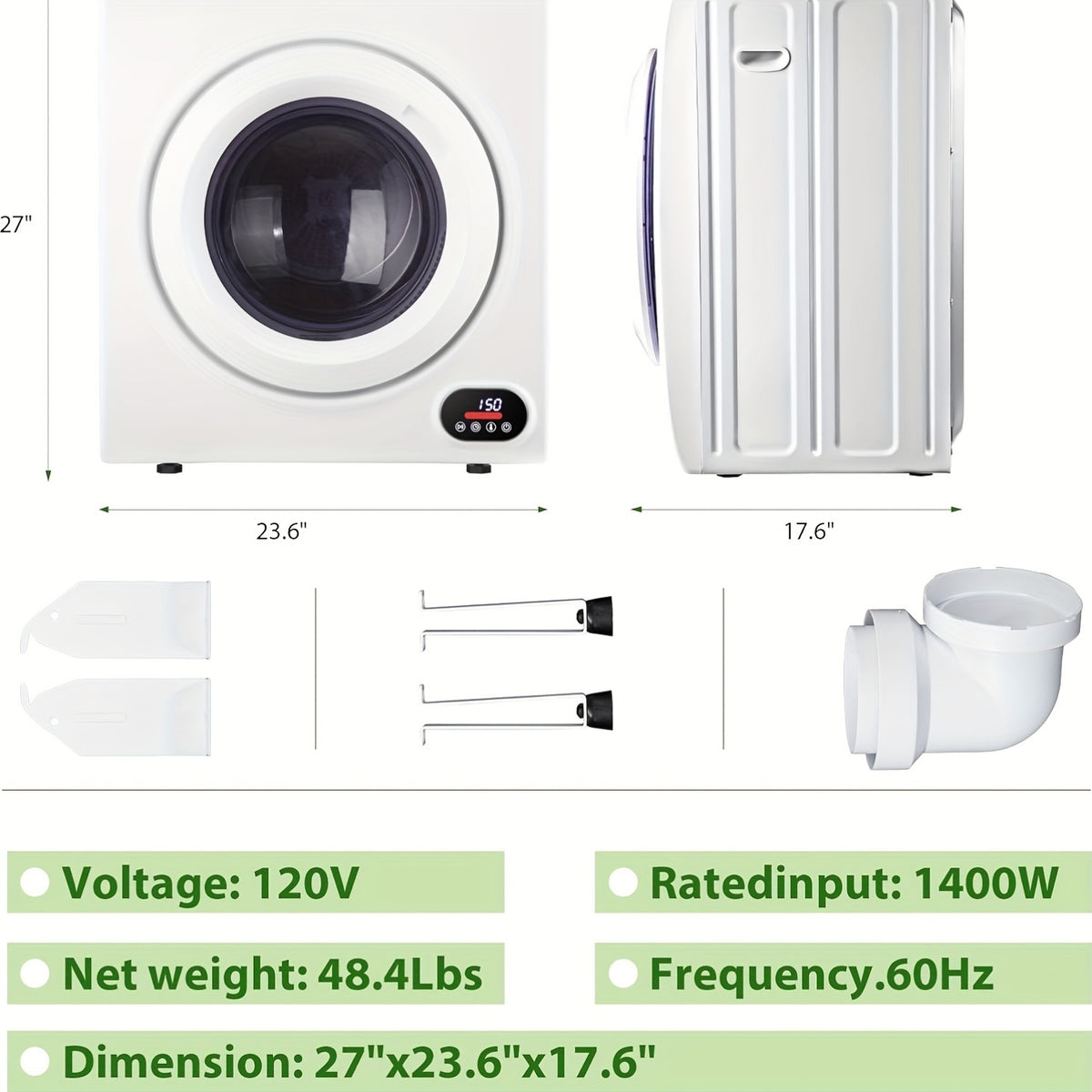 120V Portable Clothes Dryer 850W Compact Laundry Dryers 1.5/1.6/1.8/2.85 Cu.Ft Front Load Stainless Steel Electric Dryers Machine with Stainless Steel Tub for Apartment, Rvs, Dorms, White, Easy to Control