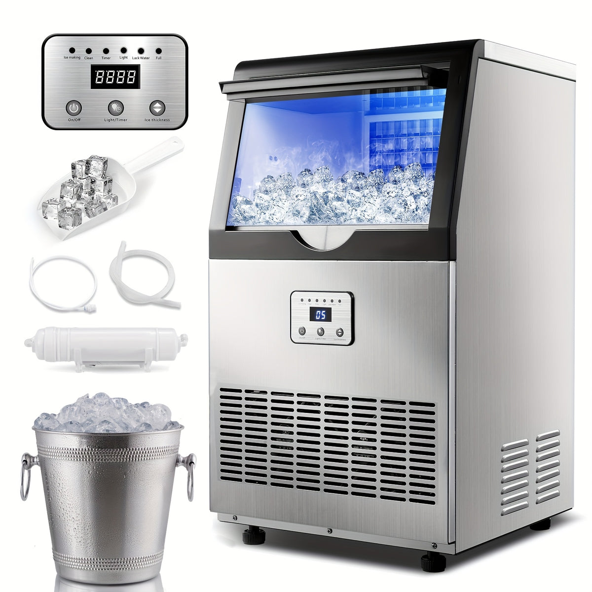 Commercial Ice Maker Machine 100LBS/24H with 13LBS Storage Bin, Freestanding/Under Counter Ice Machine for Home/Party/Bar/Restaurant, Include Water Filter, Scoop, Connection Hose