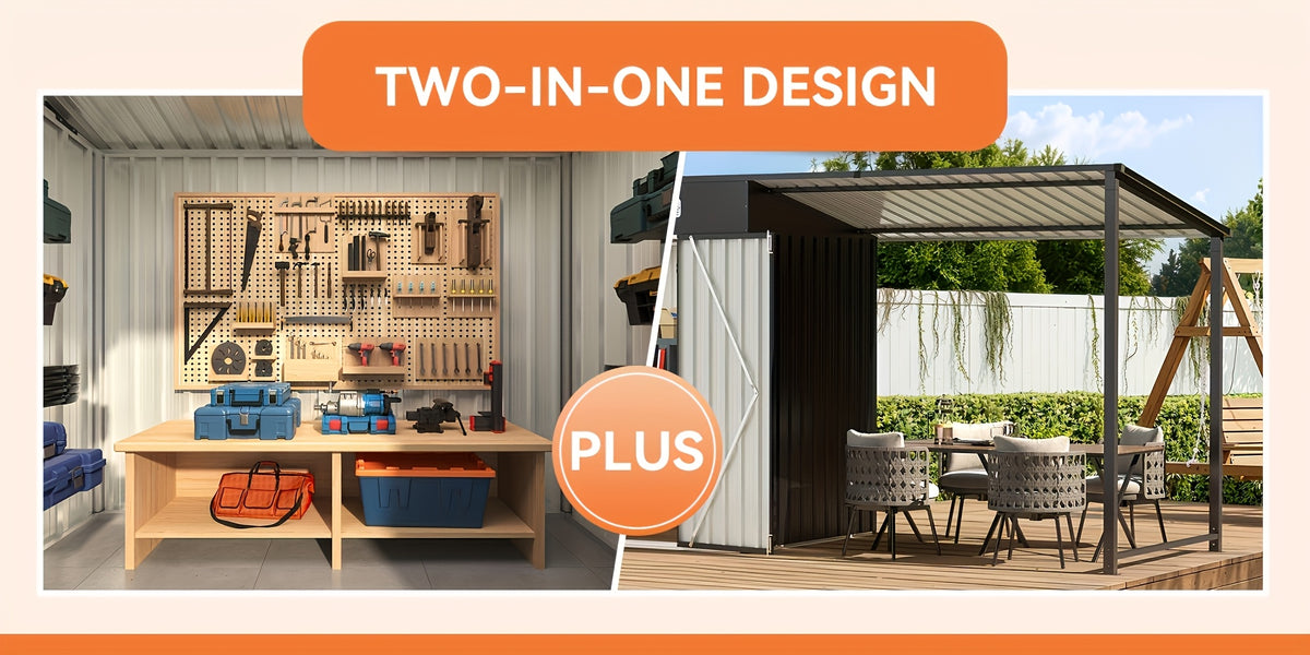 [2-in-1 Outdoor Combo] 6x4/5x3ft Outdoor Storage Shed & Hardtop Gazebo Combo, 2-in-1 Outdoor Combo, Metal Lean to Shed with Open-Sided Pergola, Durable Garden Tool Shed for Patio, Backyard, Deck
