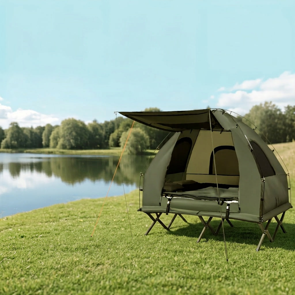 MULTIGOT Outdoor Foldable Camping Tent Cot, 5-In-1 Elevated Camping Tent W/ Sleeping Bag, Air Mattress, Pillow, Sunshade, Portable Single Sleeping Cot W/ Carry Bag for Hiking, Travel, Picnic