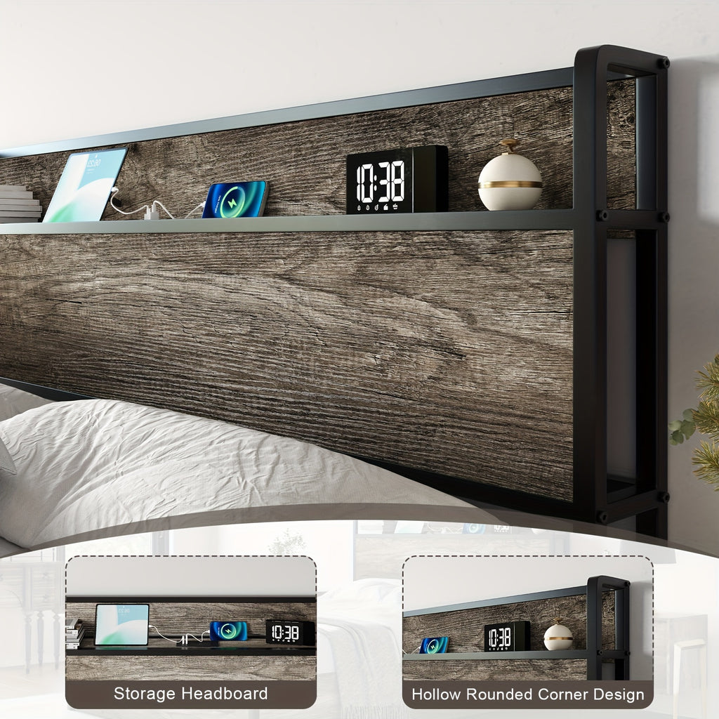 Lift Up Storage Bed Frame, Wooden Platform Bed Frame with Lifting Storage & Charging Station, No Spring Box Needed/Noise Free