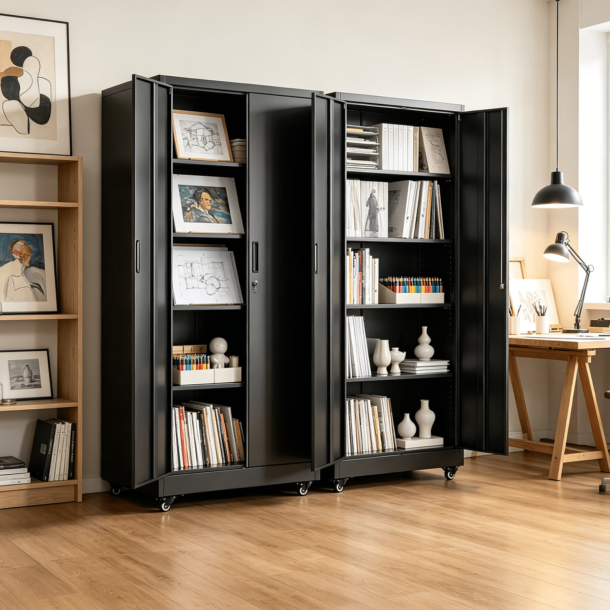 75''/72''*32''*16" Metal Pulley Office Storage Cabinet, Rollable Metal Cabinet, with Wheels, Locking Door And Adjustable Shelves, Suitable for Steel Tool Cabinets In Home Offices, Garages, And Warehouses, Black/White