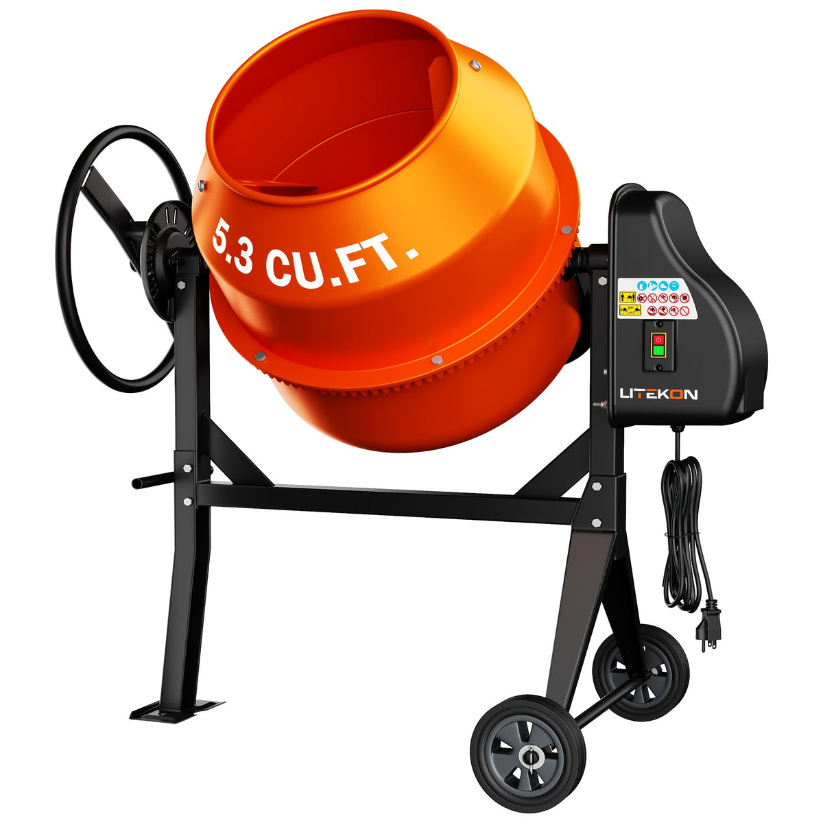 Electric Concrete Mixer with Wheels in 4.3 or 5.3 Cubic Feet for Cement and Mortar Mixing Jobs