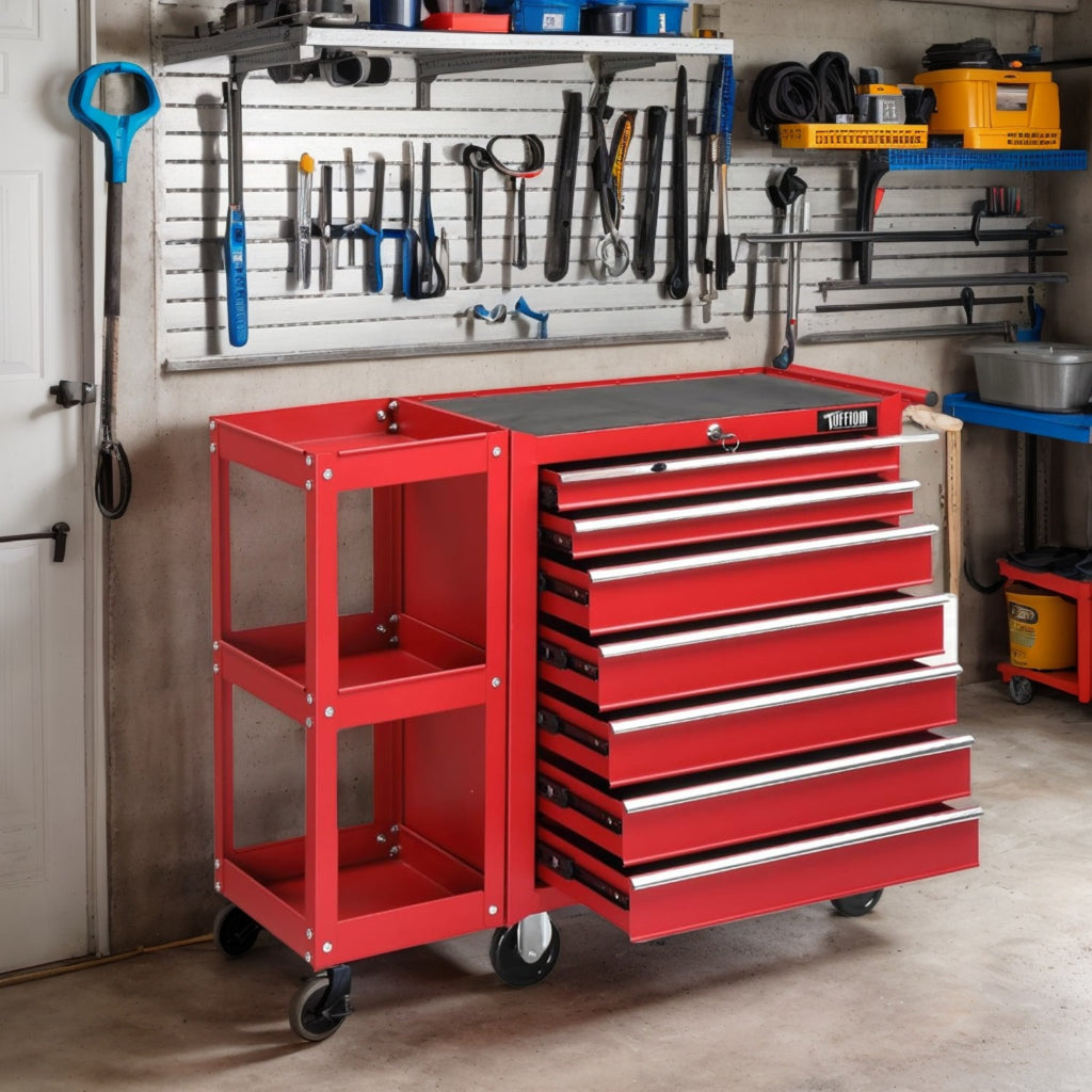 7-Drawer Rolling Tool Chest with Side Shelves, Tool Storage Side Cabinet w/ Lockable Wheels, Top Cushion & Drawer Liners, Tool Organizer Box for Garage, Warehouse & Repair Shop