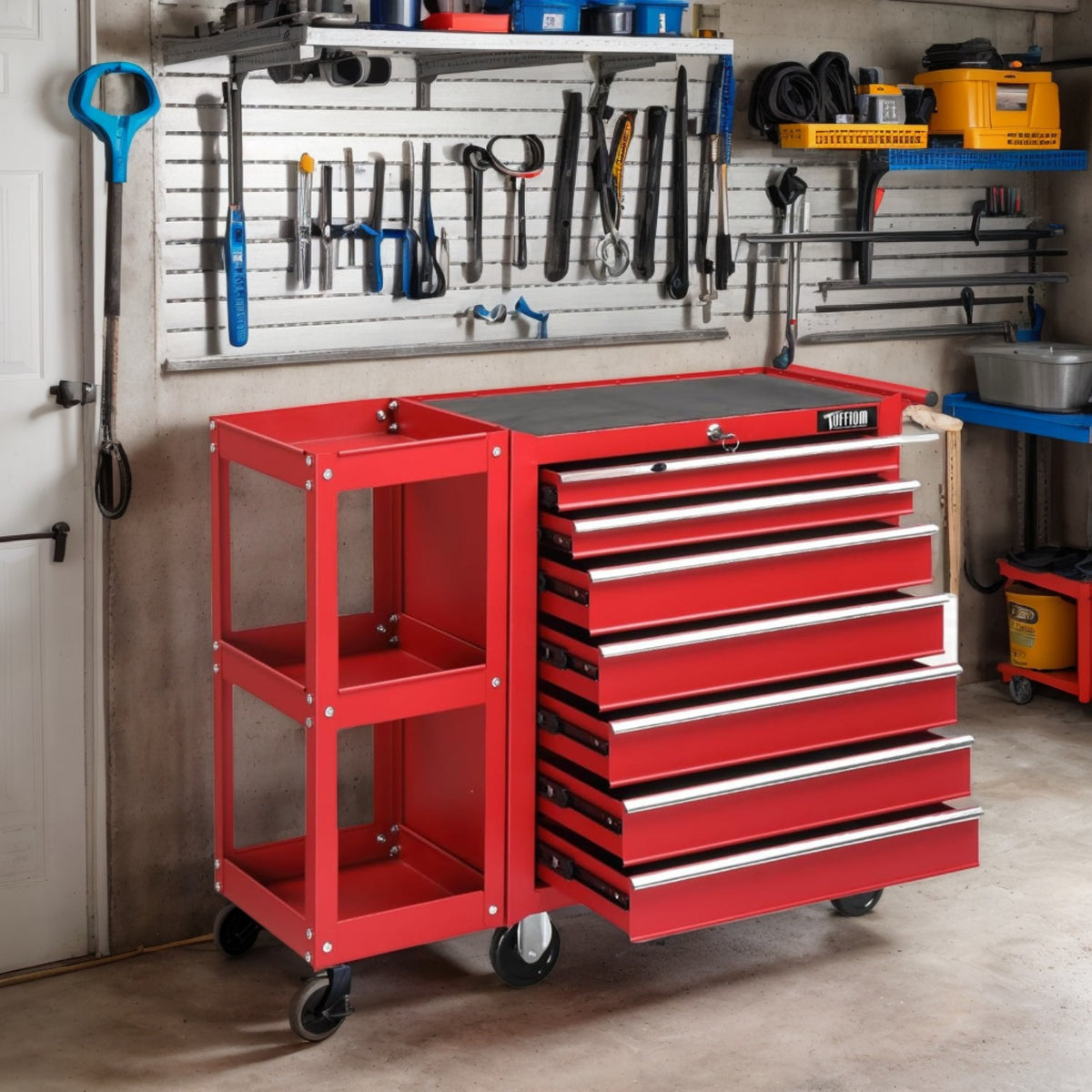7-Drawer Rolling Tool Chest with Side Shelves, Tool Storage Side Cabinet w/ Lockable Wheels, Top Cushion & Drawer Liners, Tool Organizer Box for Garage, Warehouse & Repair Shop
