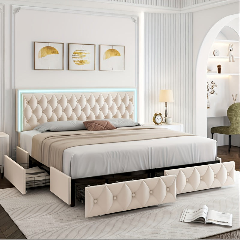 Full/Queen/King Size Modern Bed Frame with LED Headboard & 4 Storage Drawers - Upholstered Platform Bed, Button Tufted Headboard Suitable for Beige/White/Black - Assembly, No Box Spring Needed, Wood-Free