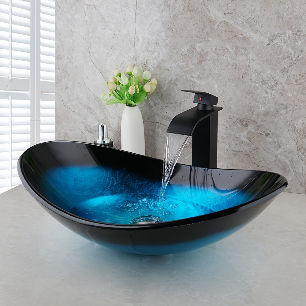 Contemporary Oval Bathroom Sink - Tempered Glass, Black & Blue with Waterfall Faucet and Pop-Up Drain, Durable Countertop Basin