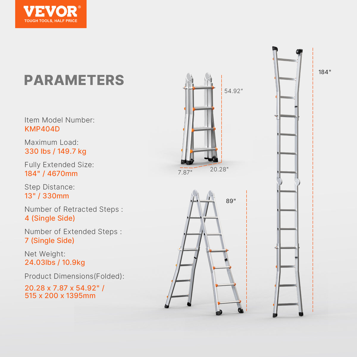 VEVOR Telescoping Ladder A Frame 9.5 FT 2880mm / 11FT 3350 mm / 13 FT 4000mm / 15.5FT 4670 mm / 17FT 5120 mm / 20FT 5990 mm/ 20.5FT 6230 mm Extension Multi-Function for Homework