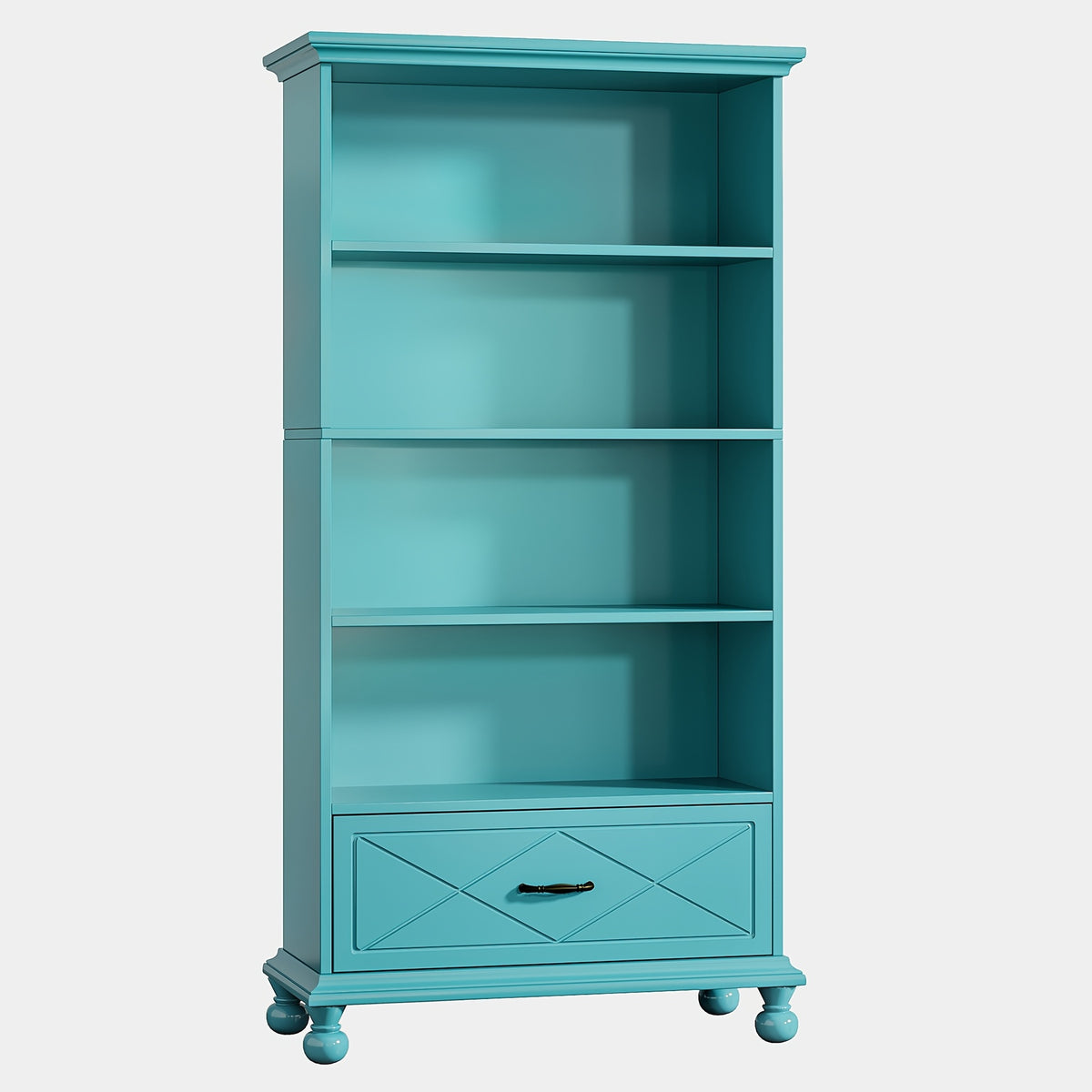 Modern 6-Shelf Bookcase with Drawer, 71 Inch Tall Floor Standing Bookshelf with Solid Wood Legs, 6-Tier Large Open Display Storage Book Shelf for Living Room, Bedroom, Home Office, Ocean Blue