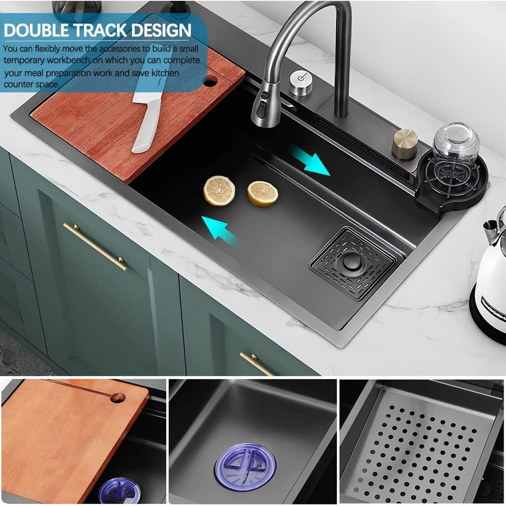 33x22 INCH Nano Black Flying Rain Drop In Stainless Steel Watefall Kitchen Sink Single Bowl with Pull Down Faucet Set Accessories Included