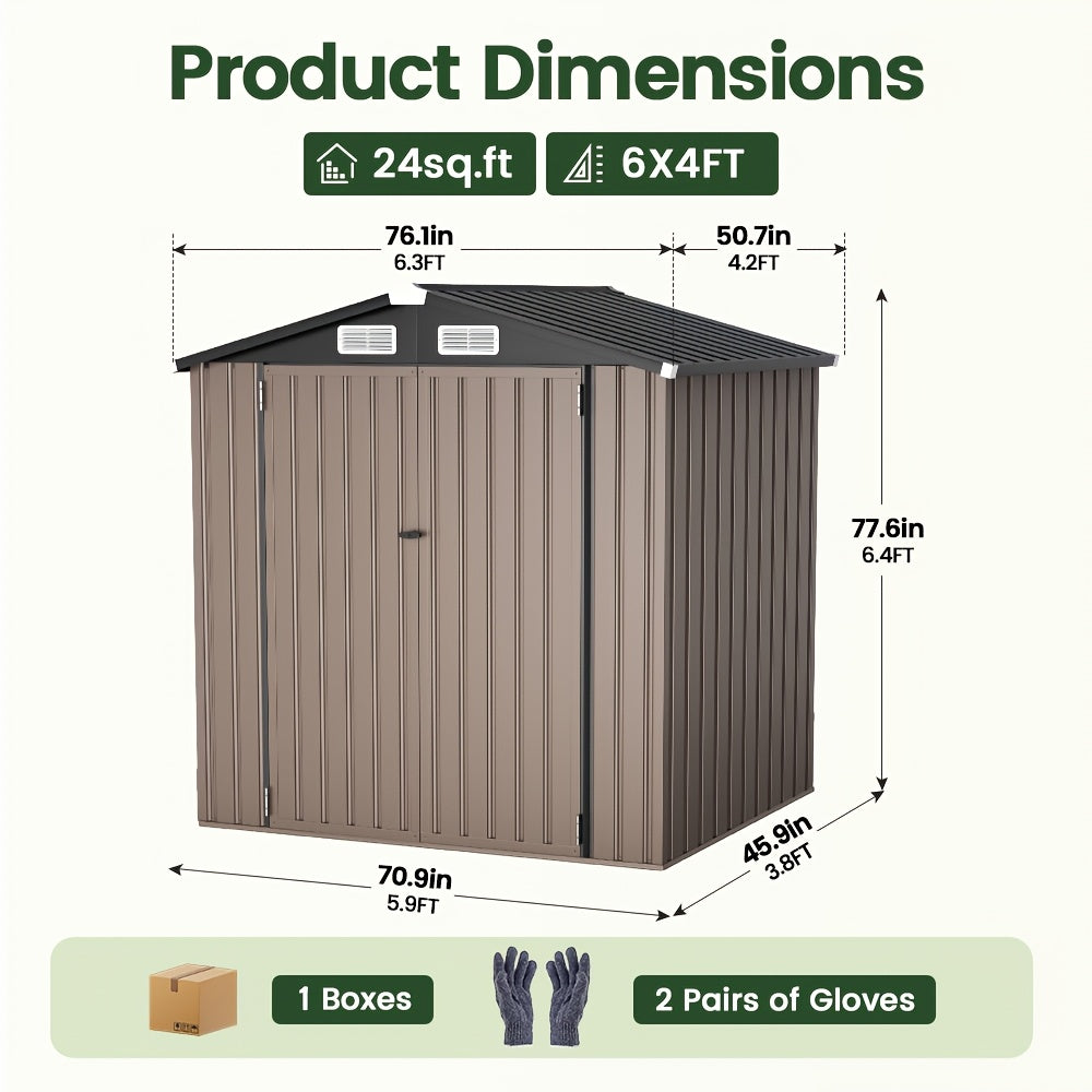 [Metal Storage Shed] 8x6ft (7.33'x5.28' Base, No Floor), 6 X 4ft, 10x12ft, 10x14ft, Metal Steel Outdoor Storage Shed with Air Vent & Lockable Doors, for Garden, Patio And Backyard, Tools, Bike